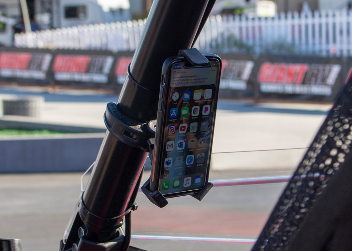 phone attached to Mob Mount Claw attached to vehicle frame