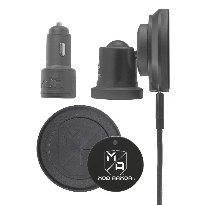 MobNetic Maxx, wireless charger, car charger, Mag FLEX plate, USB-C charging cable, and adhesive mounting discs